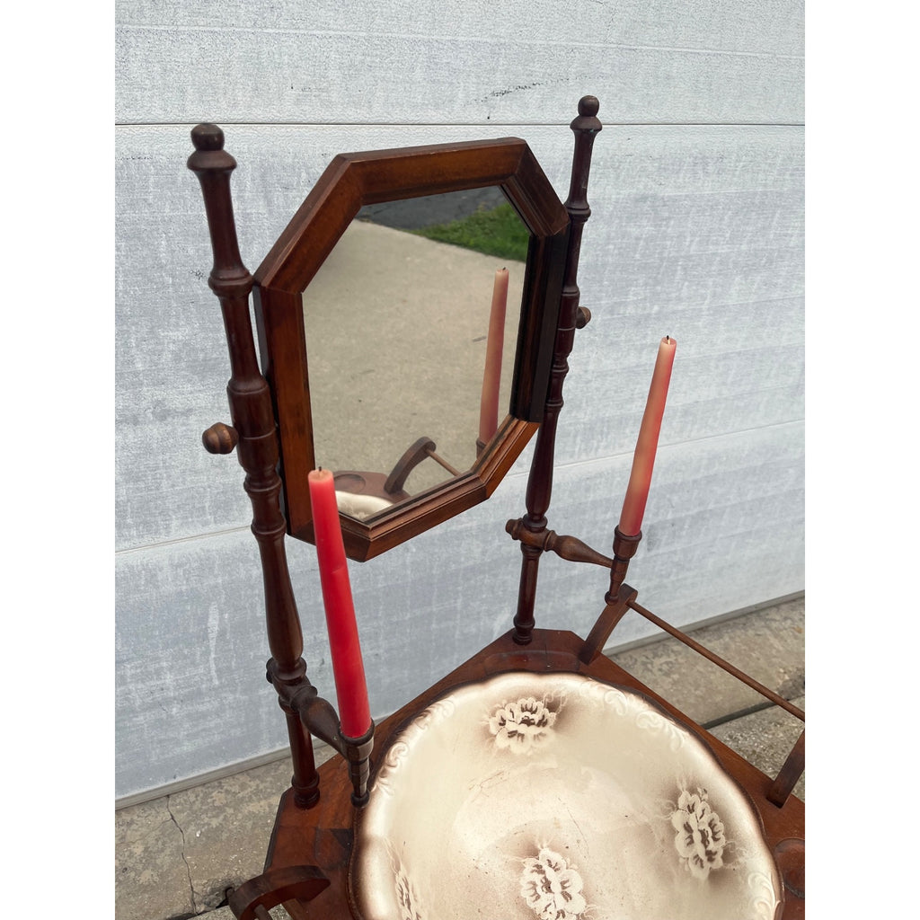 Antique Victorian Shaving Stand Mirror Wash Basin Pitcher Candle Holders c1900