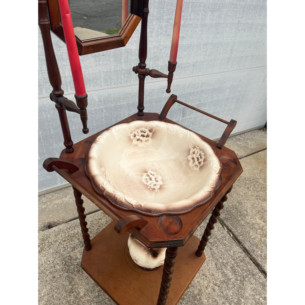 Antique Victorian Shaving Stand Mirror Wash Basin Pitcher Candle Holders c1900
