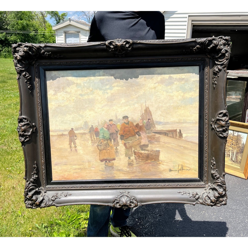 Original Bruno Jüttner Oil Painting European Harbor Fish Market Dock Scene Framed