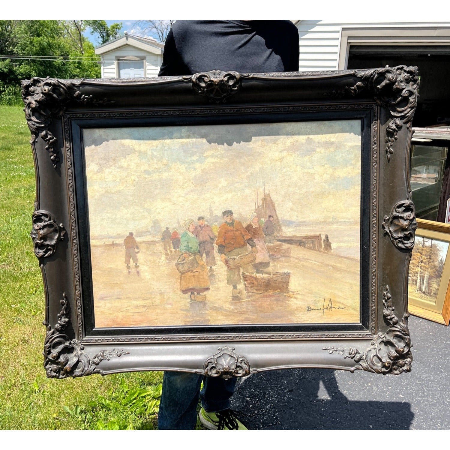 Original Bruno Jüttner Oil Painting European Harbor Fish Market Dock Scene Framed