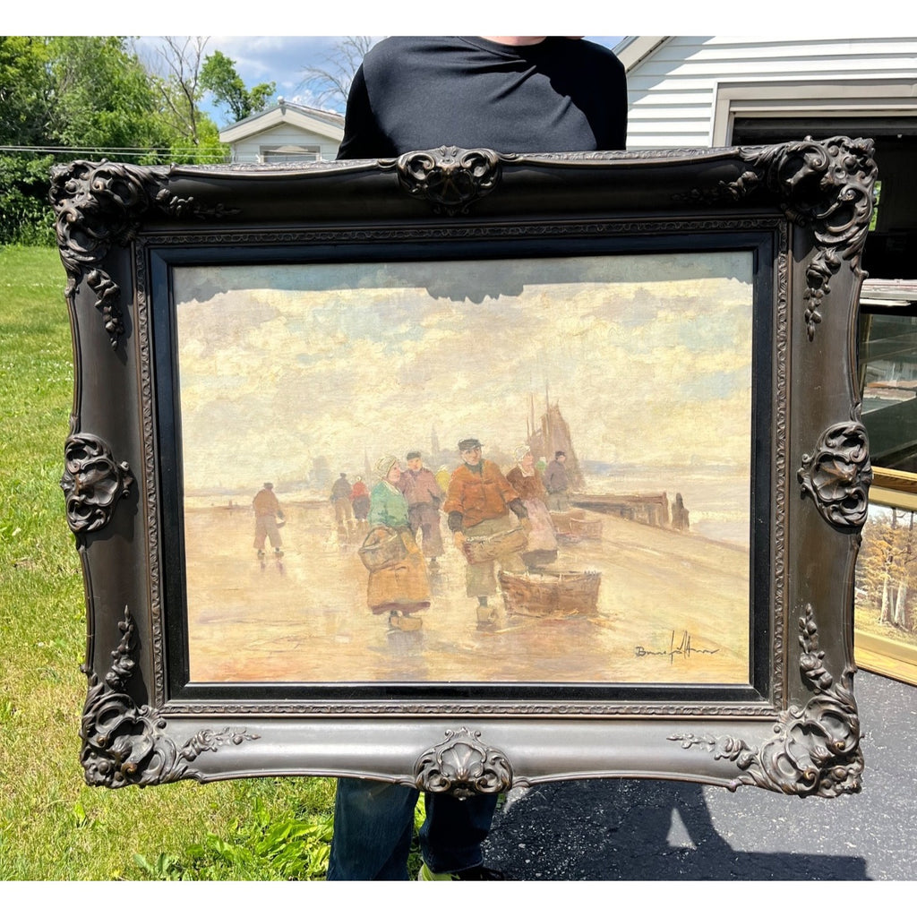 Original Bruno Jüttner Oil Painting European Harbor Fish Market Dock Scene Framed
