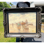 Original Bruno Jüttner Oil Painting European Harbor Fish Market Dock Scene Framed