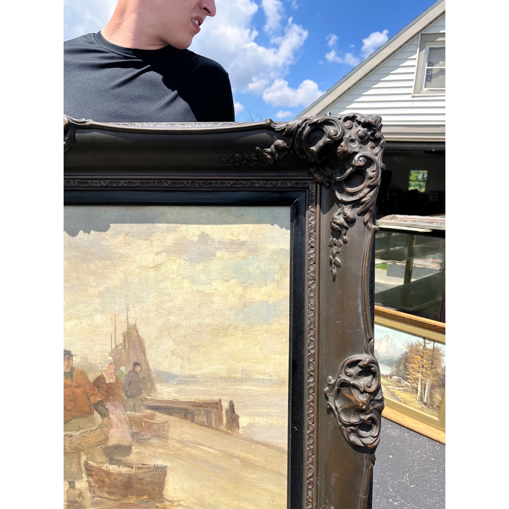 Original Bruno Jüttner Oil Painting European Harbor Fish Market Dock Scene Framed