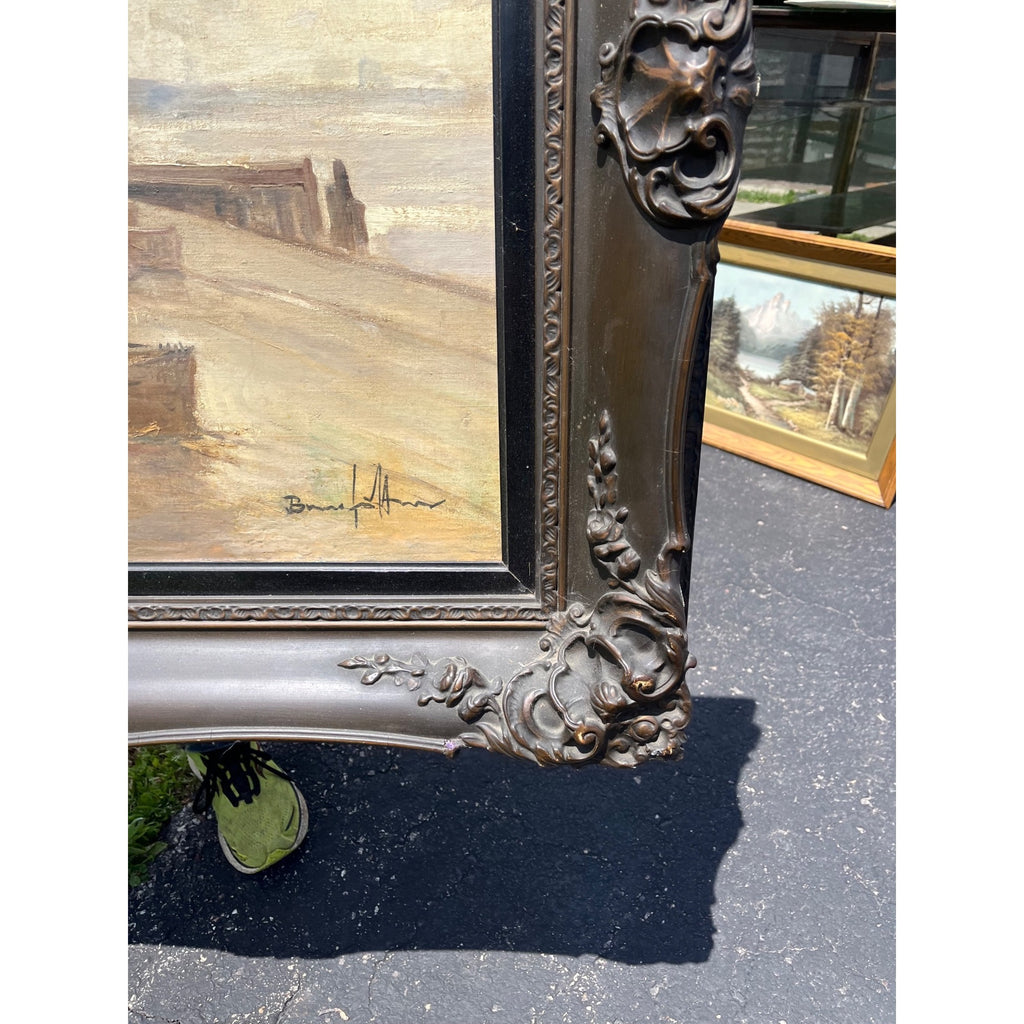 Original Bruno Jüttner Oil Painting European Harbor Fish Market Dock Scene Framed