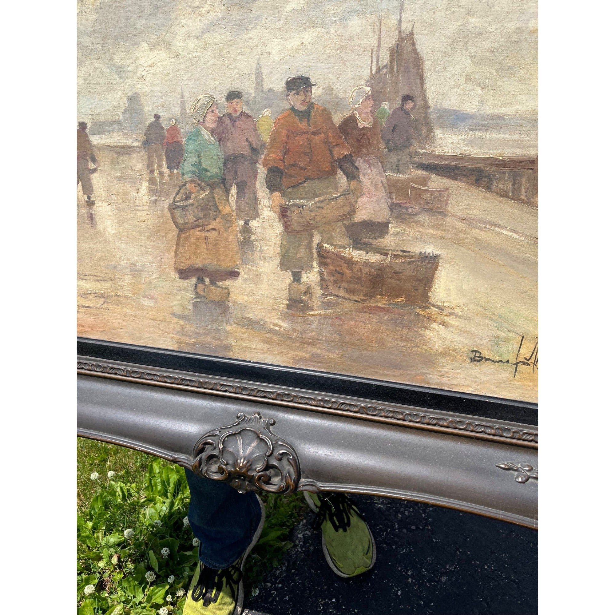 Original Bruno Jüttner Oil Painting European Harbor Fish Market Dock Scene Framed