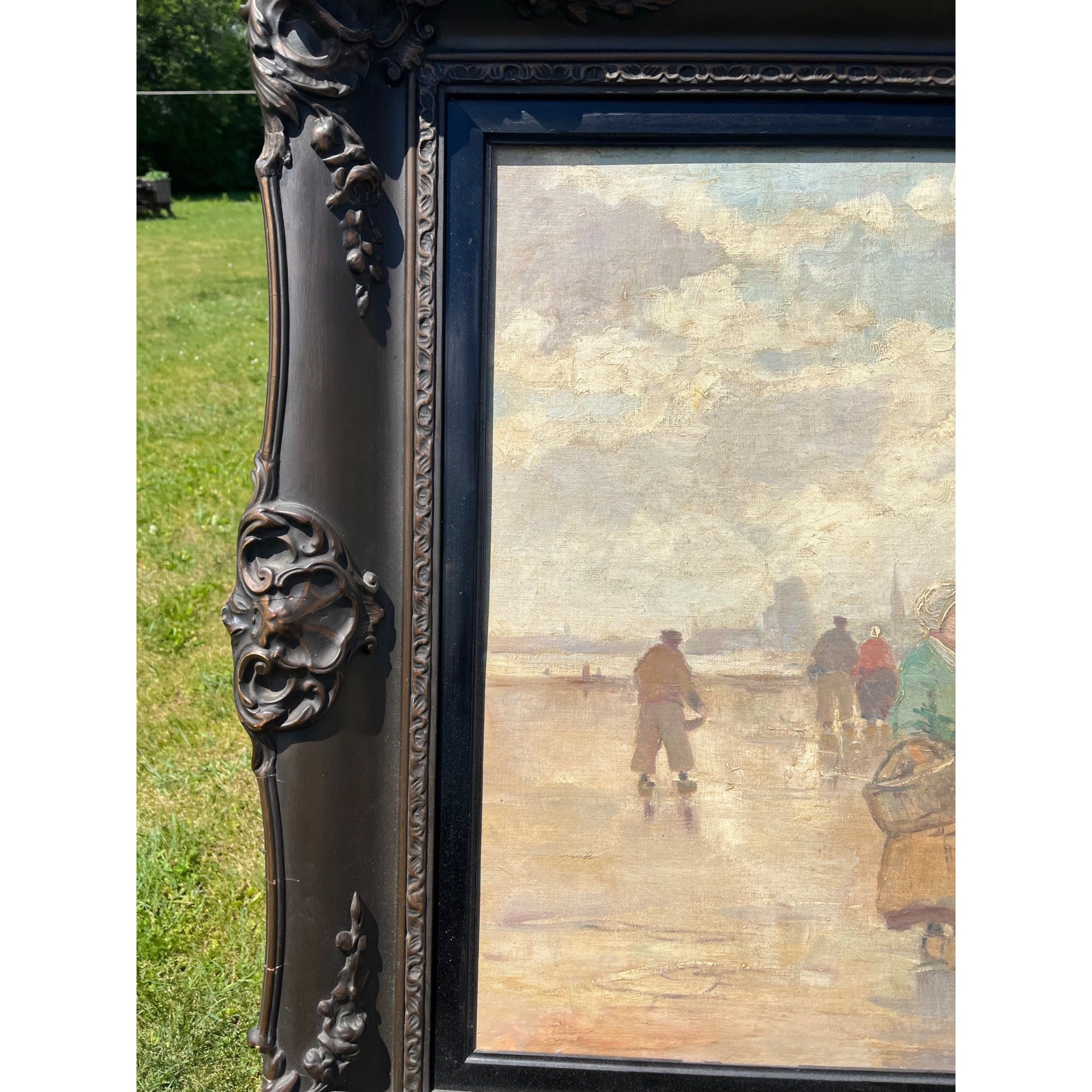 Original Bruno Jüttner Oil Painting European Harbor Fish Market Dock Scene Framed