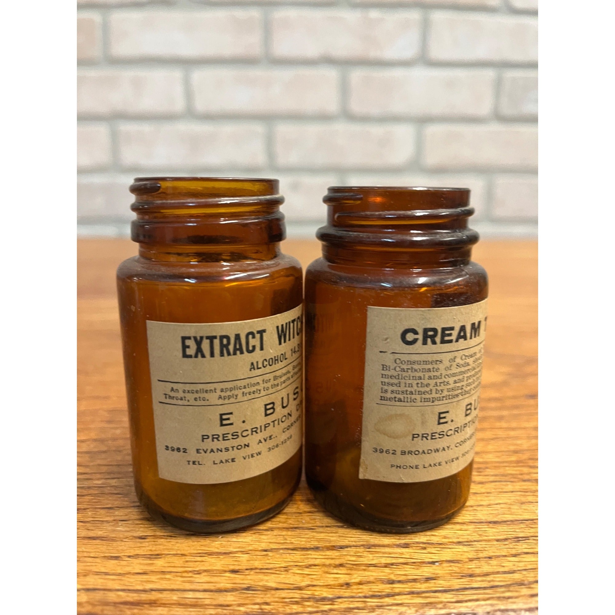 Vintage E. Busch Chicago Druggist Amber Apothecary Jars Paper Label Lot (2)