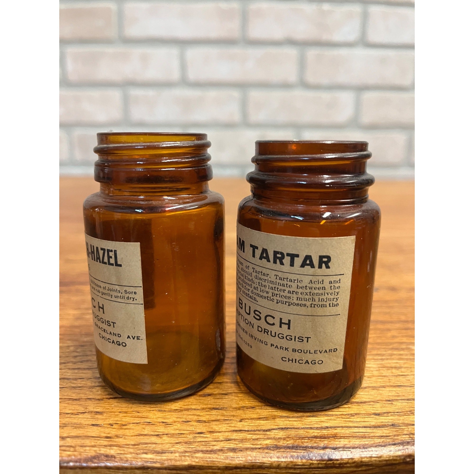 Vintage E. Busch Chicago Druggist Amber Apothecary Jars Paper Label Lot (2)