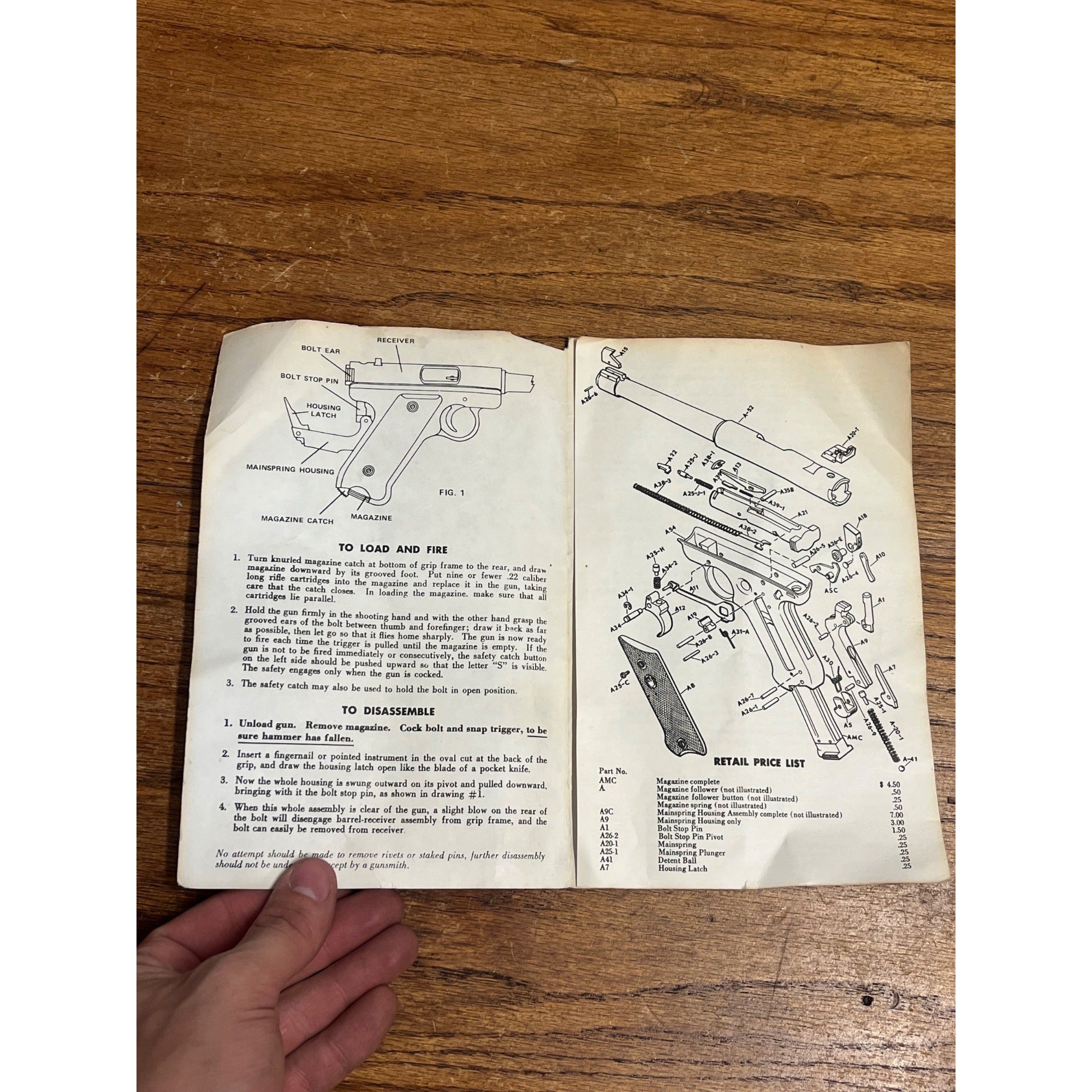 Ruger Mark I Target Model and Standard Model Parts List booklet