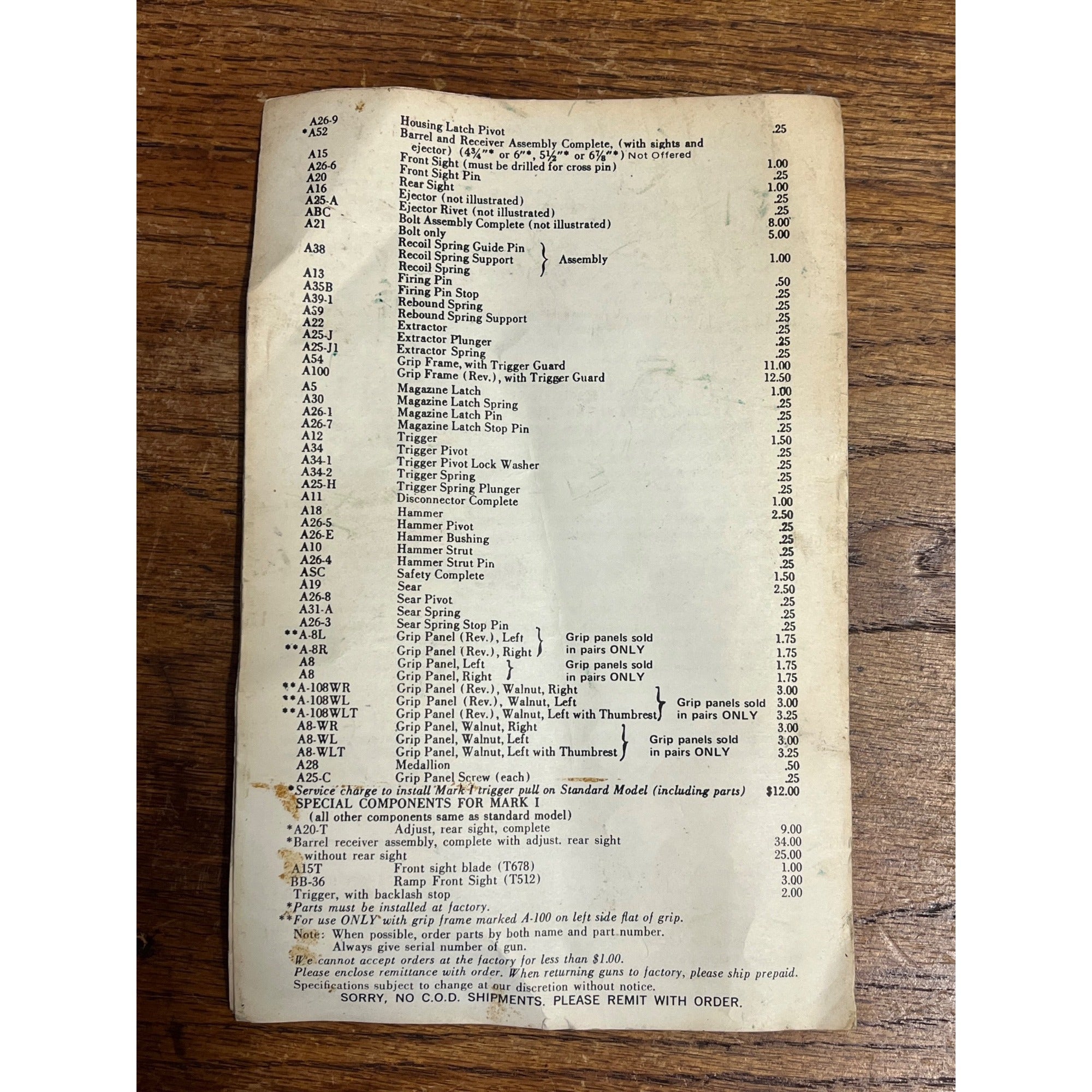 Ruger Mark I Target Model and Standard Model Parts List booklet