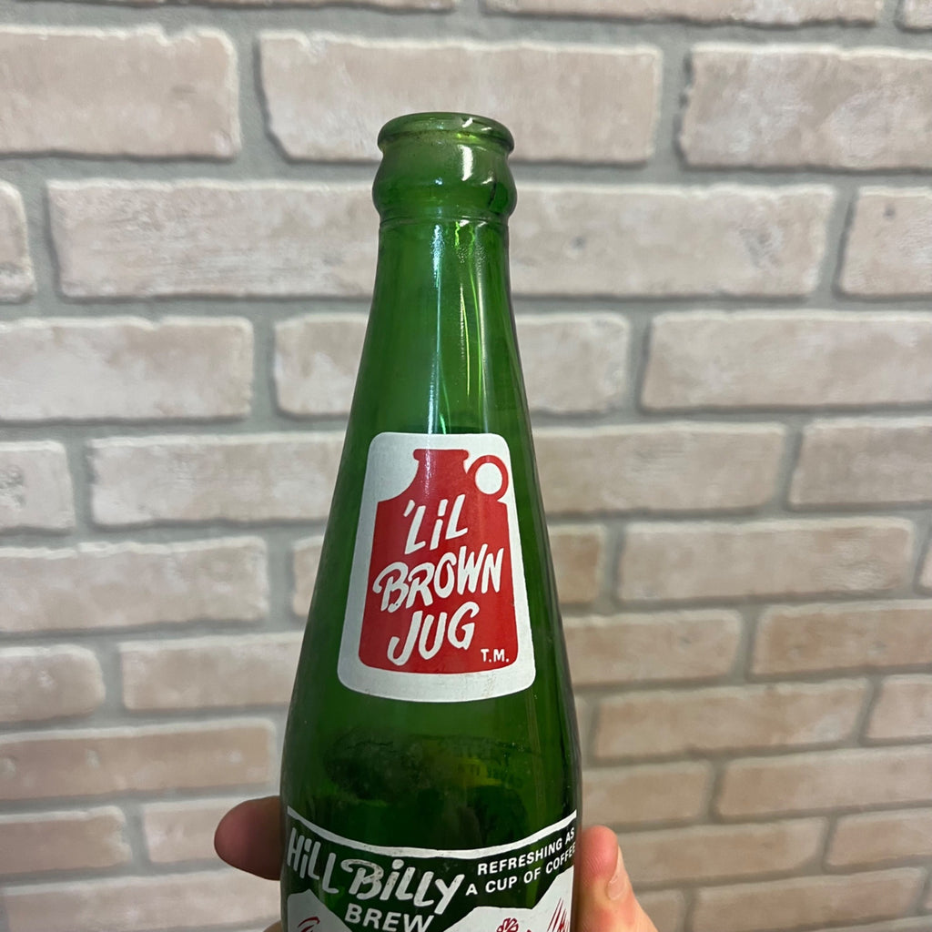 Hill Billy Brew  'Lil Brown Jug;  M.C.S.C., 1960s ACL Soda Pop Bottle Green