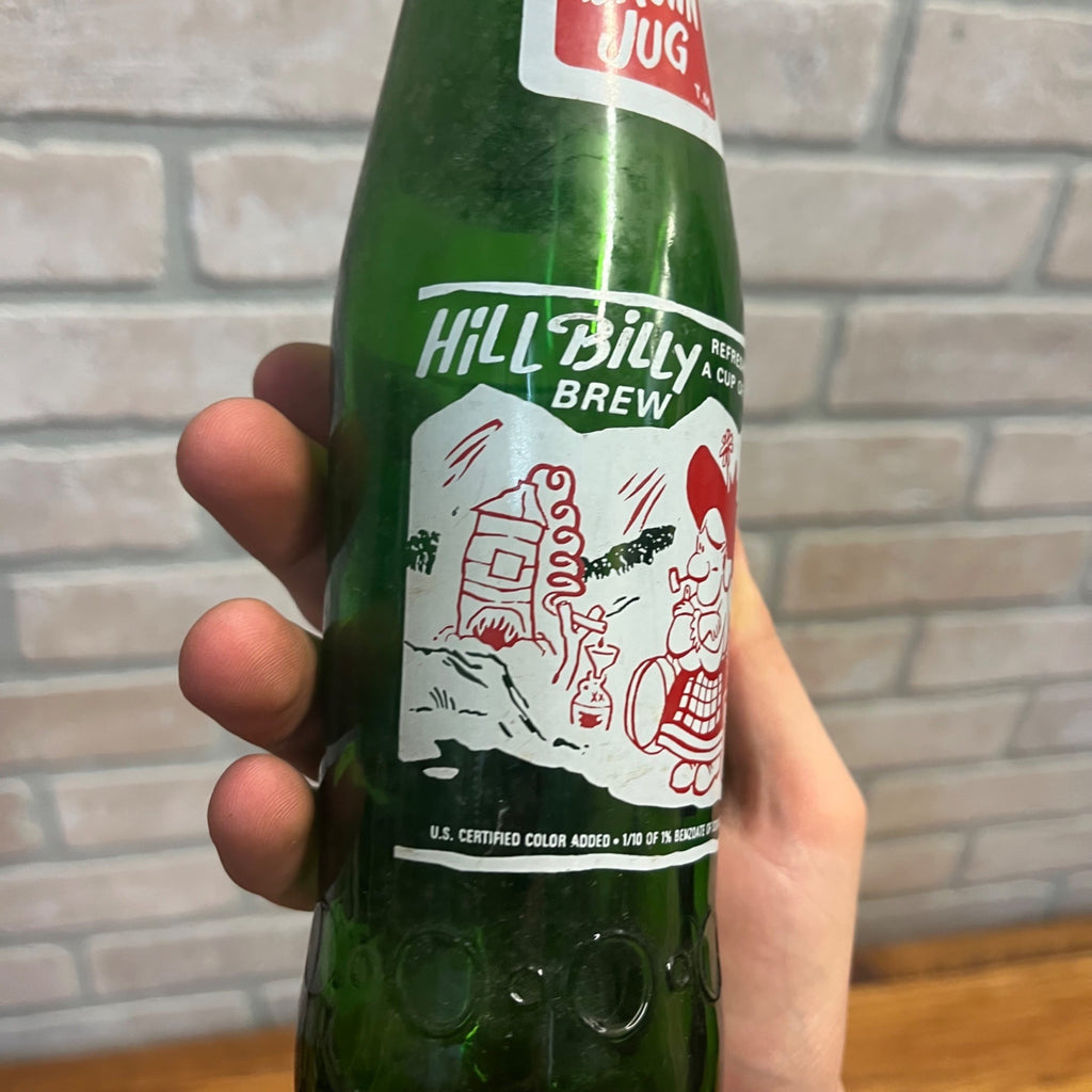 Hill Billy Brew  'Lil Brown Jug;  M.C.S.C., 1960s ACL Soda Pop Bottle Green