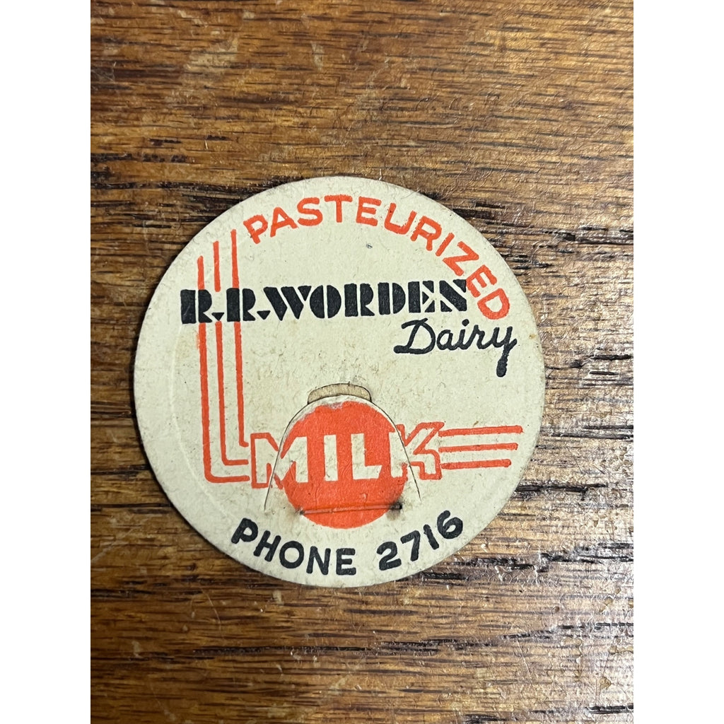Milk Bottle Cap - R.R. Worden Dairy - Waterbury, Conn. - Pasteurized Milk