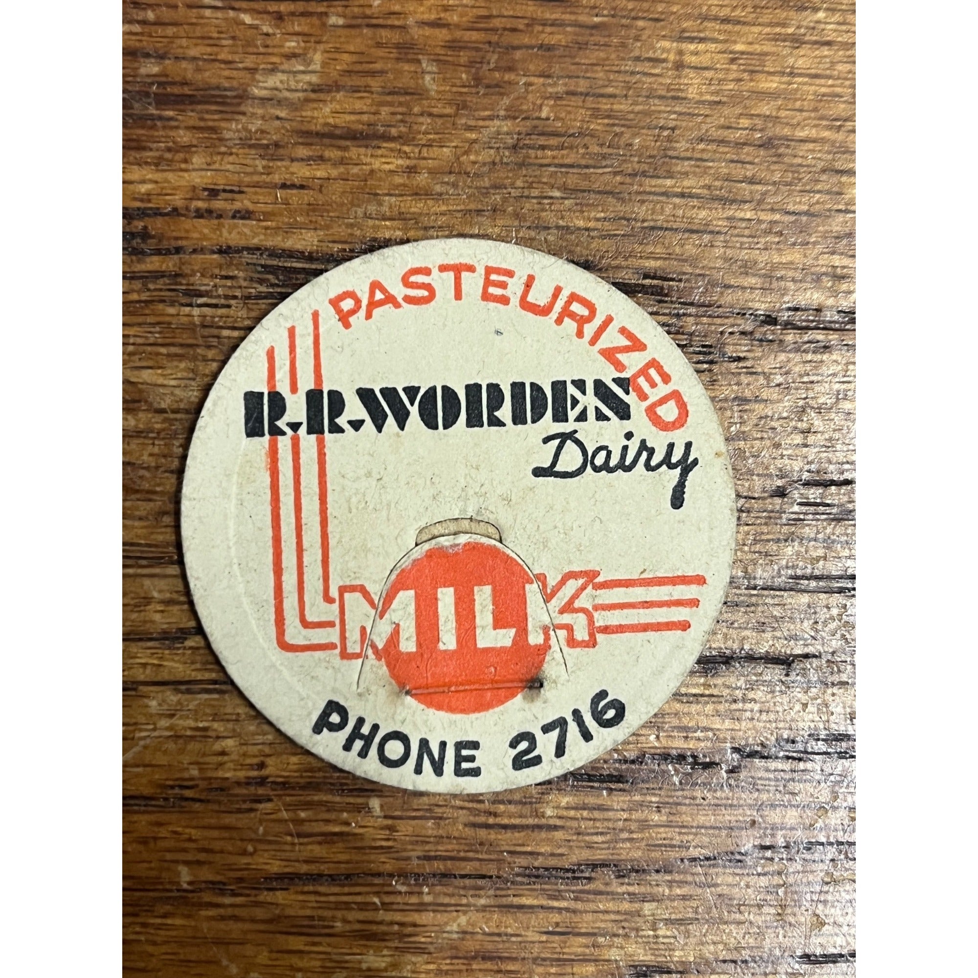 Milk Bottle Cap - R.R. Worden Dairy - Waterbury, Conn. - Pasteurized Milk