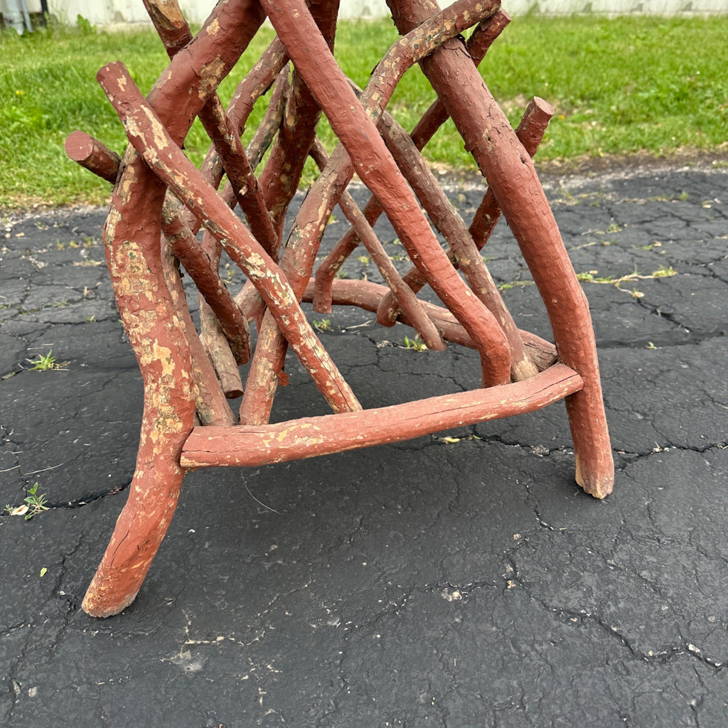Antiqued Primitive Wooden Red Twisted Branch Footed Side Parlor Table