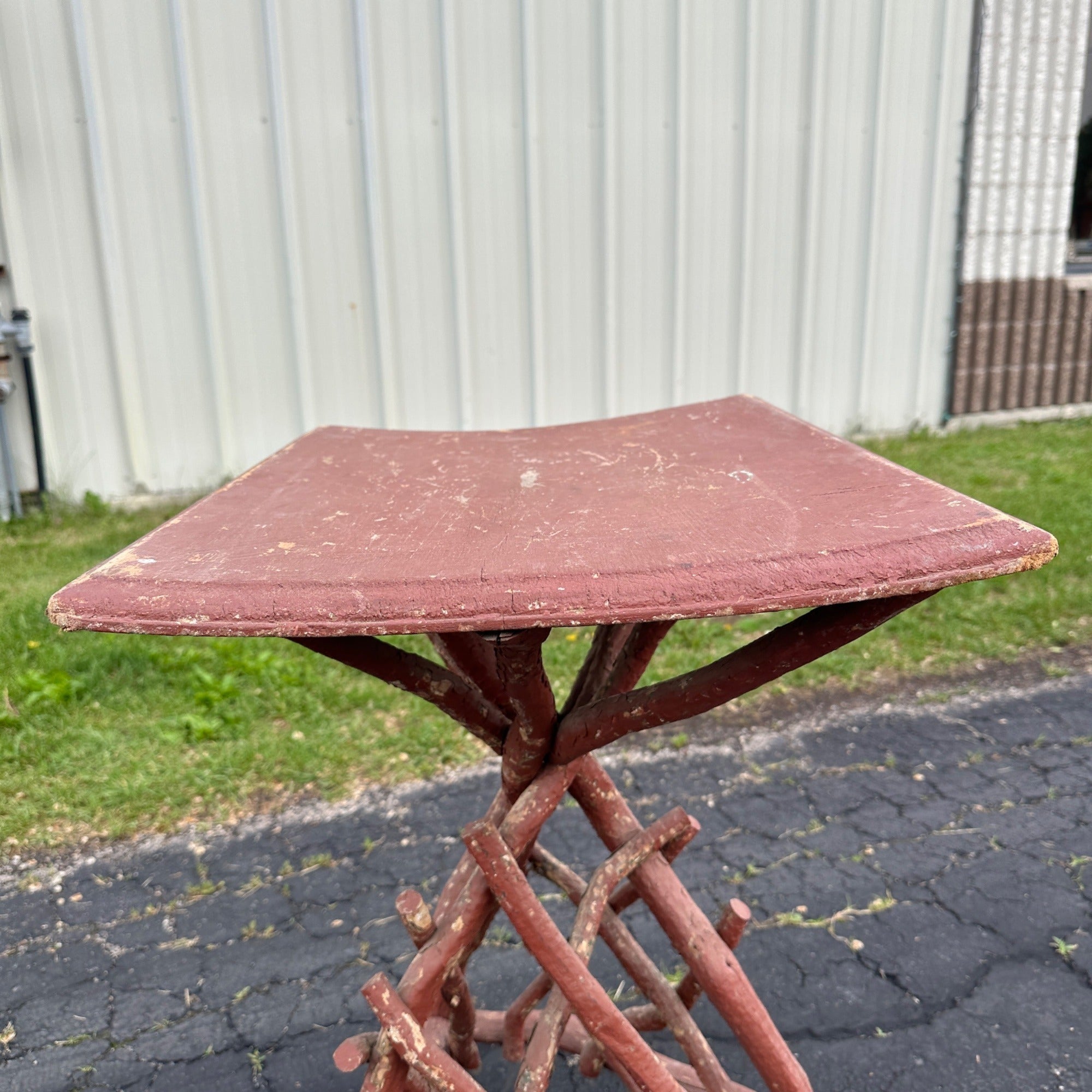 Antiqued Primitive Wooden Red Twisted Branch Footed Side Parlor Table