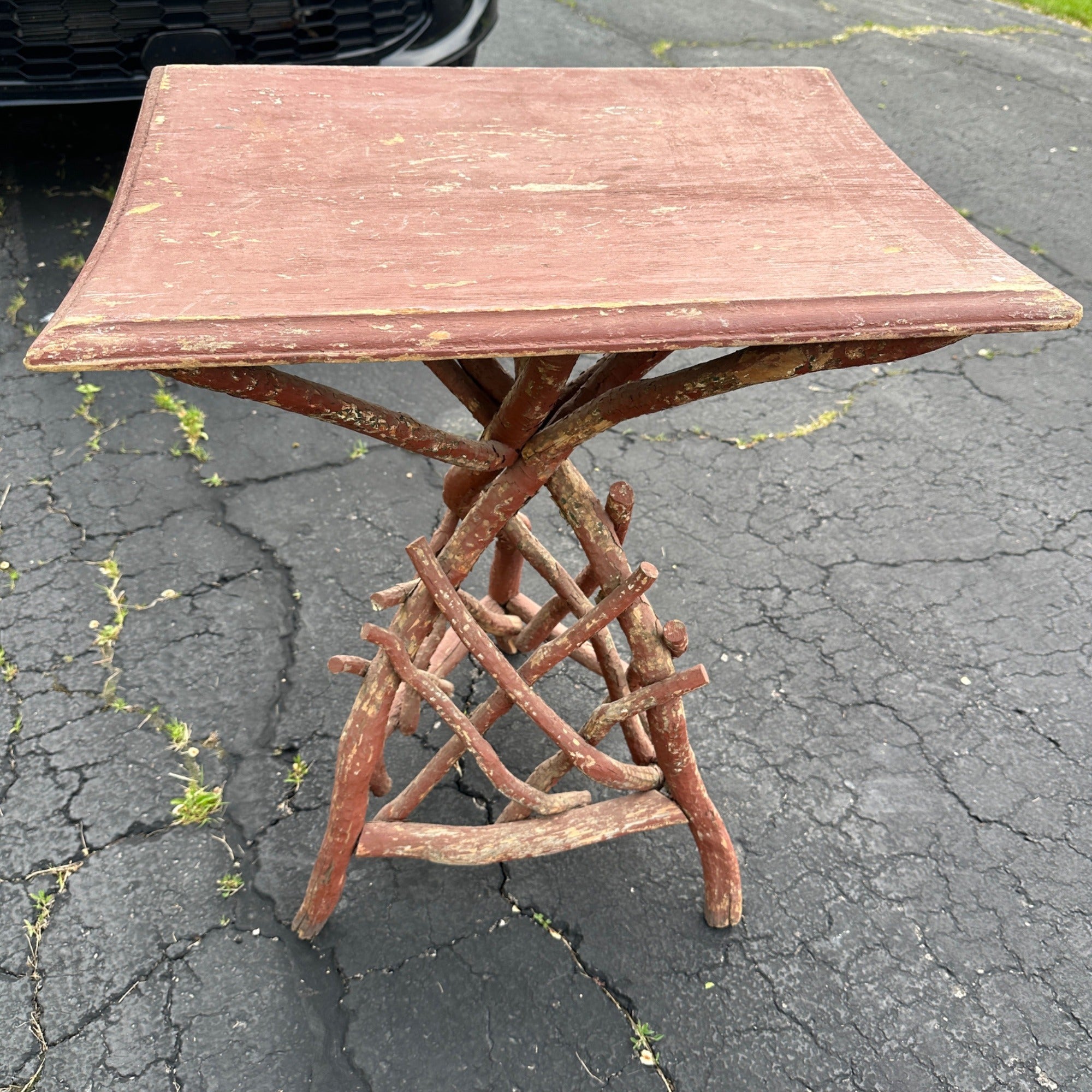 Antiqued Primitive Wooden Red Twisted Branch Footed Side Parlor Table