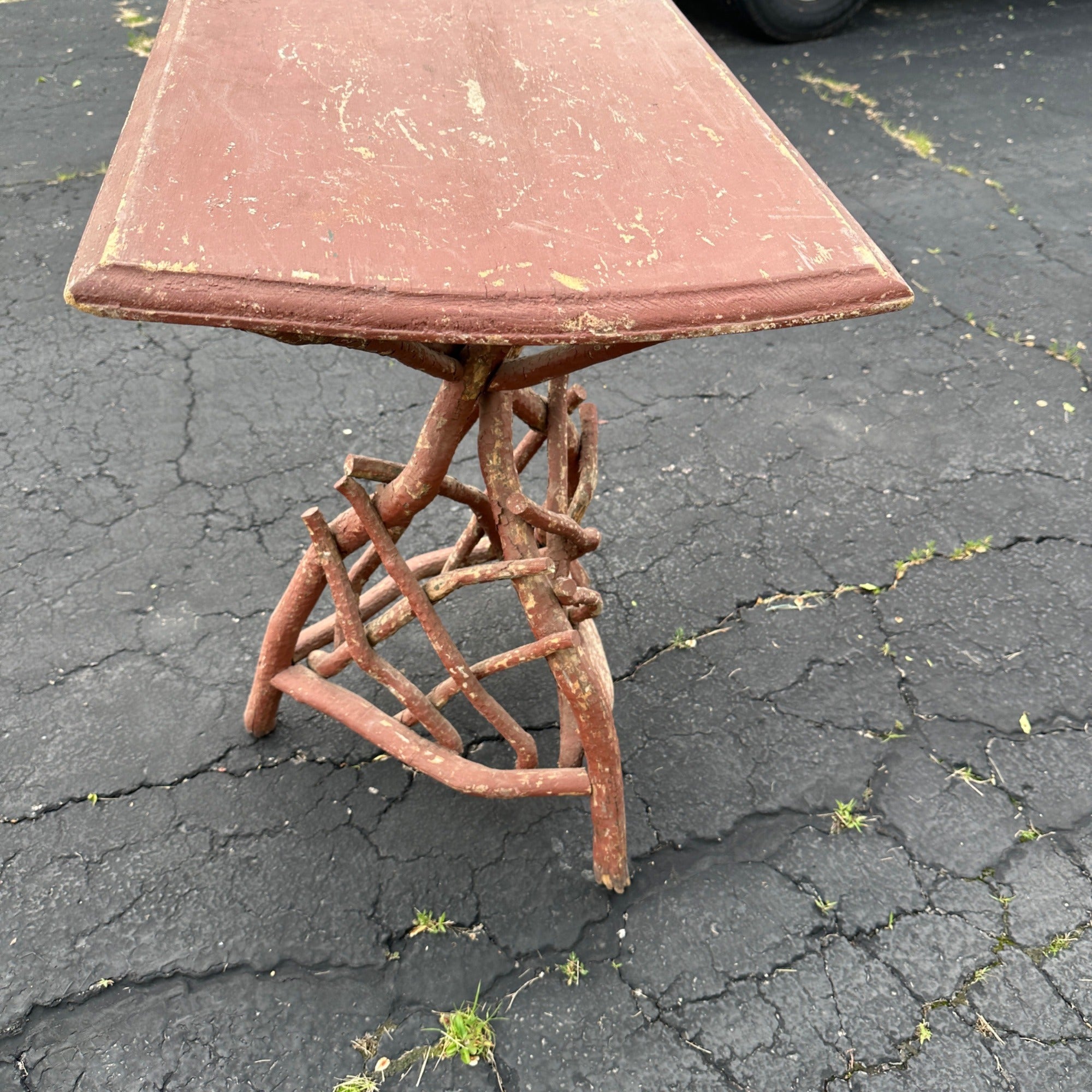 Antiqued Primitive Wooden Red Twisted Branch Footed Side Parlor Table
