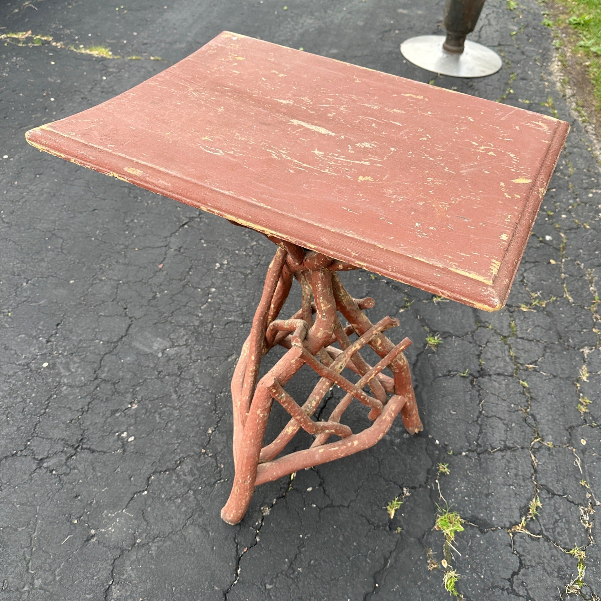 Antiqued Primitive Wooden Red Twisted Branch Footed Side Parlor Table