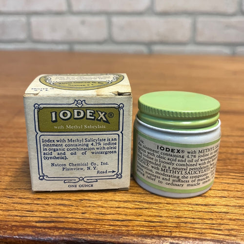 Iodex Methyl Salicyl Ointment Milk Glass Jar Original Label & Box Quack Medicine