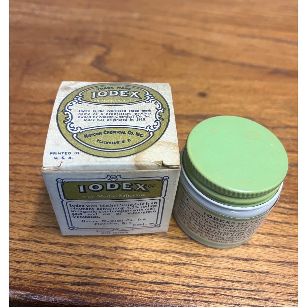 Iodex Methyl Salicyl Ointment Milk Glass Jar Original Label & Box Quack Medicine