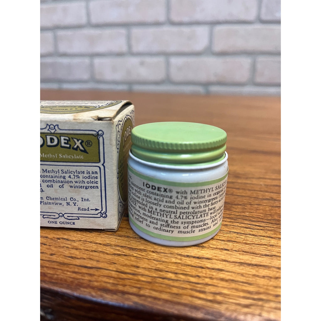 Iodex Methyl Salicyl Ointment Milk Glass Jar Original Label & Box Quack Medicine