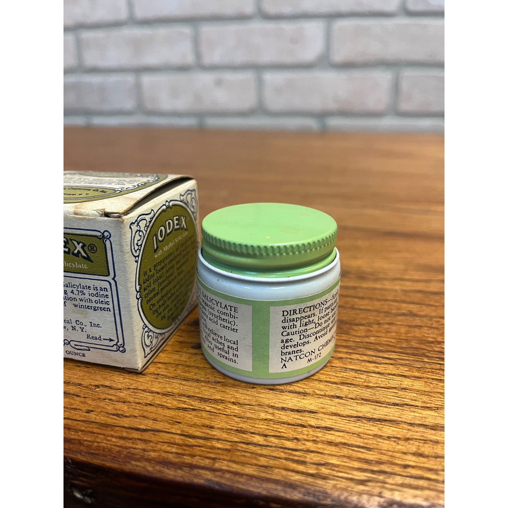 Iodex Methyl Salicyl Ointment Milk Glass Jar Original Label & Box Quack Medicine