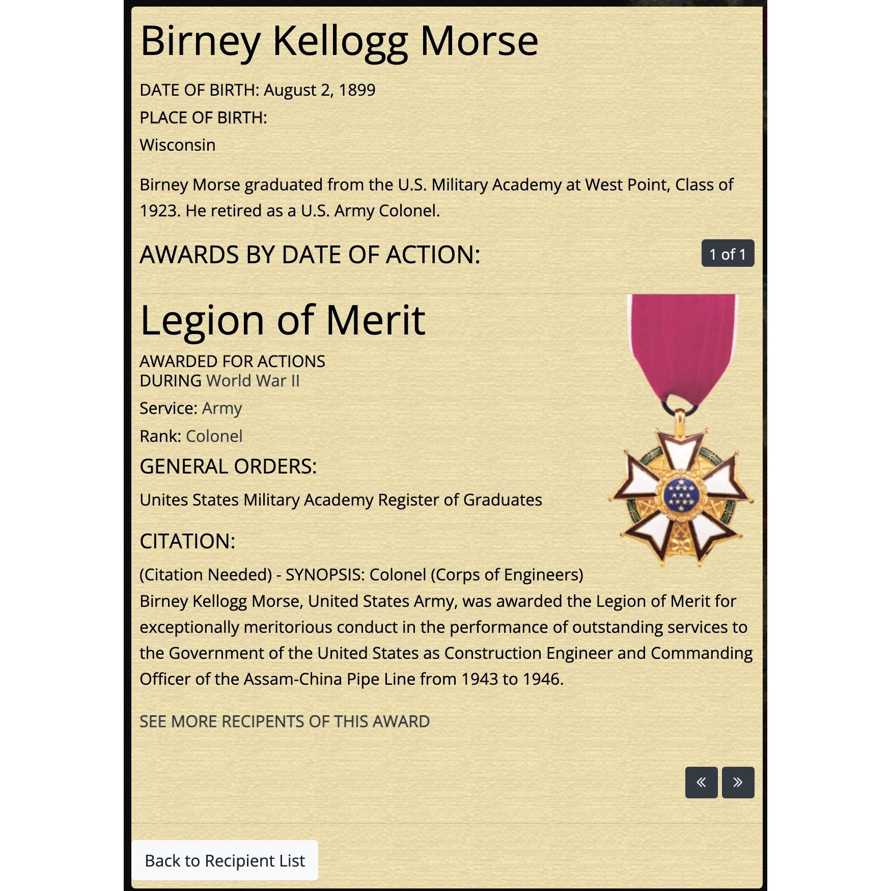 Vintage WWII US Army Colonel Birney Kellogg Morse ID'd Personal Watch Fob