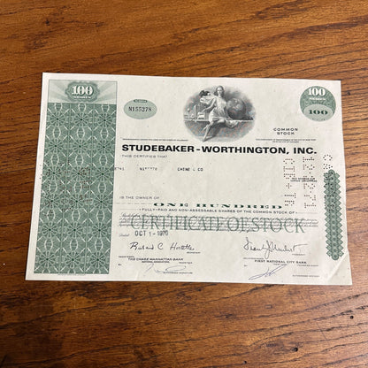 Vintage 1970 Studebaker Worthington Inc Cars Automobile 100 Shares Stock Certificate