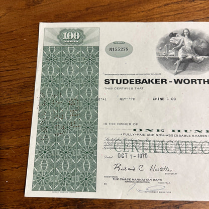 Vintage 1970 Studebaker Worthington Inc Cars Automobile 100 Shares Stock Certificate