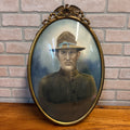 Antique WWI Doughboy Soldier Convex Bubble Glass Oval Portrait Patriotic Eagle Frame Hand Colored