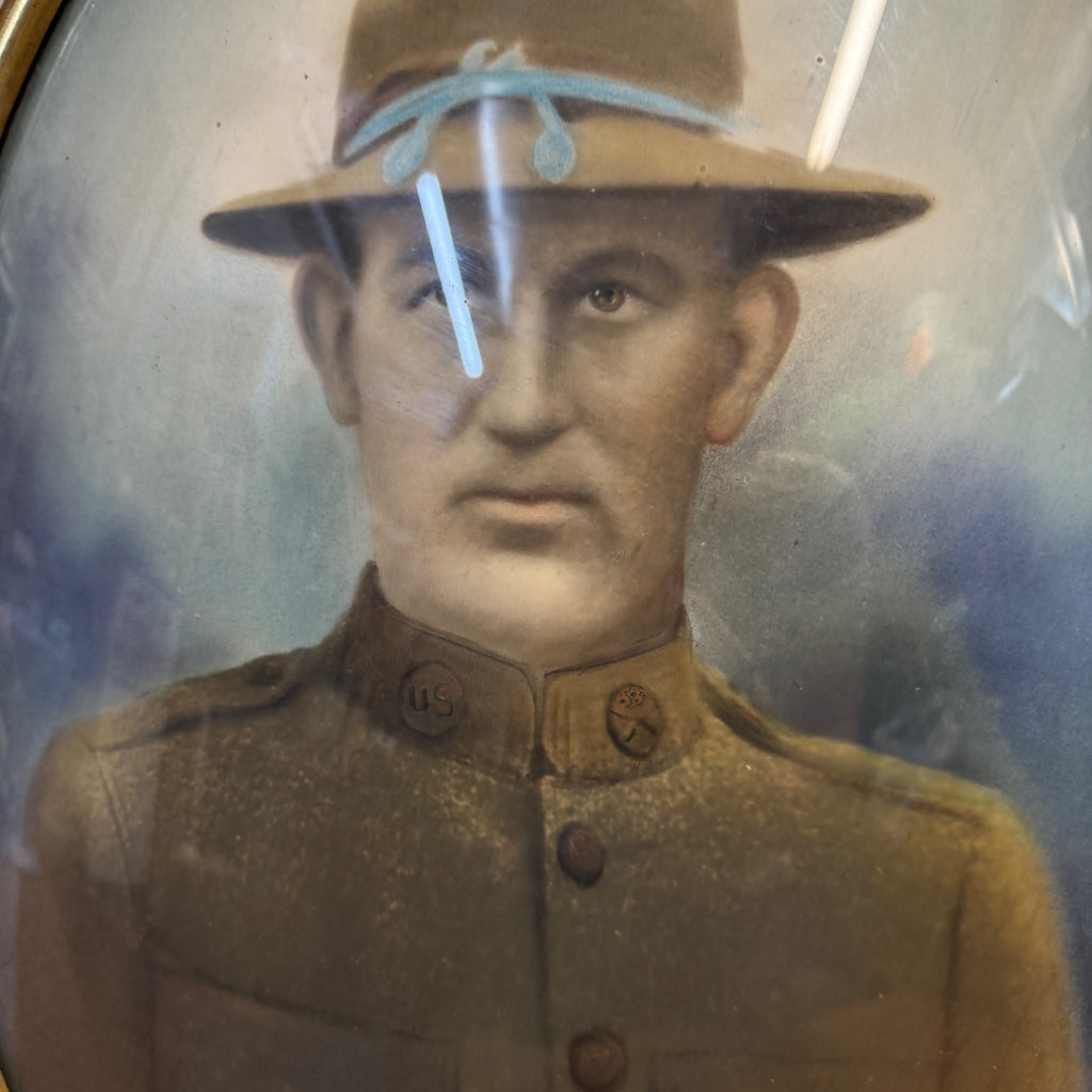 Antique WWI Doughboy Soldier Convex Bubble Glass Oval Portrait Patriotic Eagle Frame Hand Colored