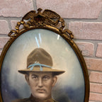 Antique WWI Doughboy Soldier Convex Bubble Glass Oval Portrait Patriotic Eagle Frame Hand Colored