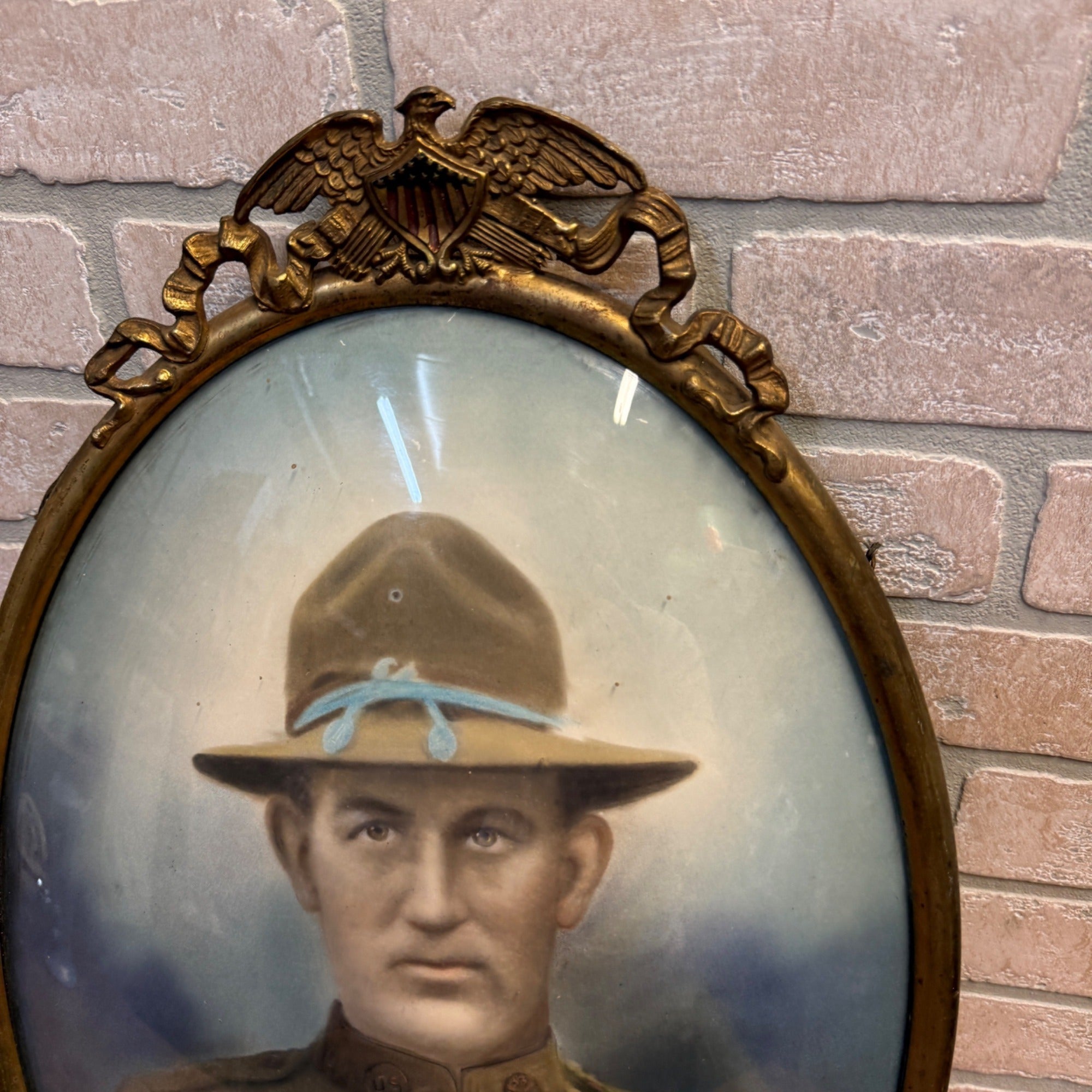 Antique WWI Doughboy Soldier Convex Bubble Glass Oval Portrait Patriotic Eagle Frame Hand Colored