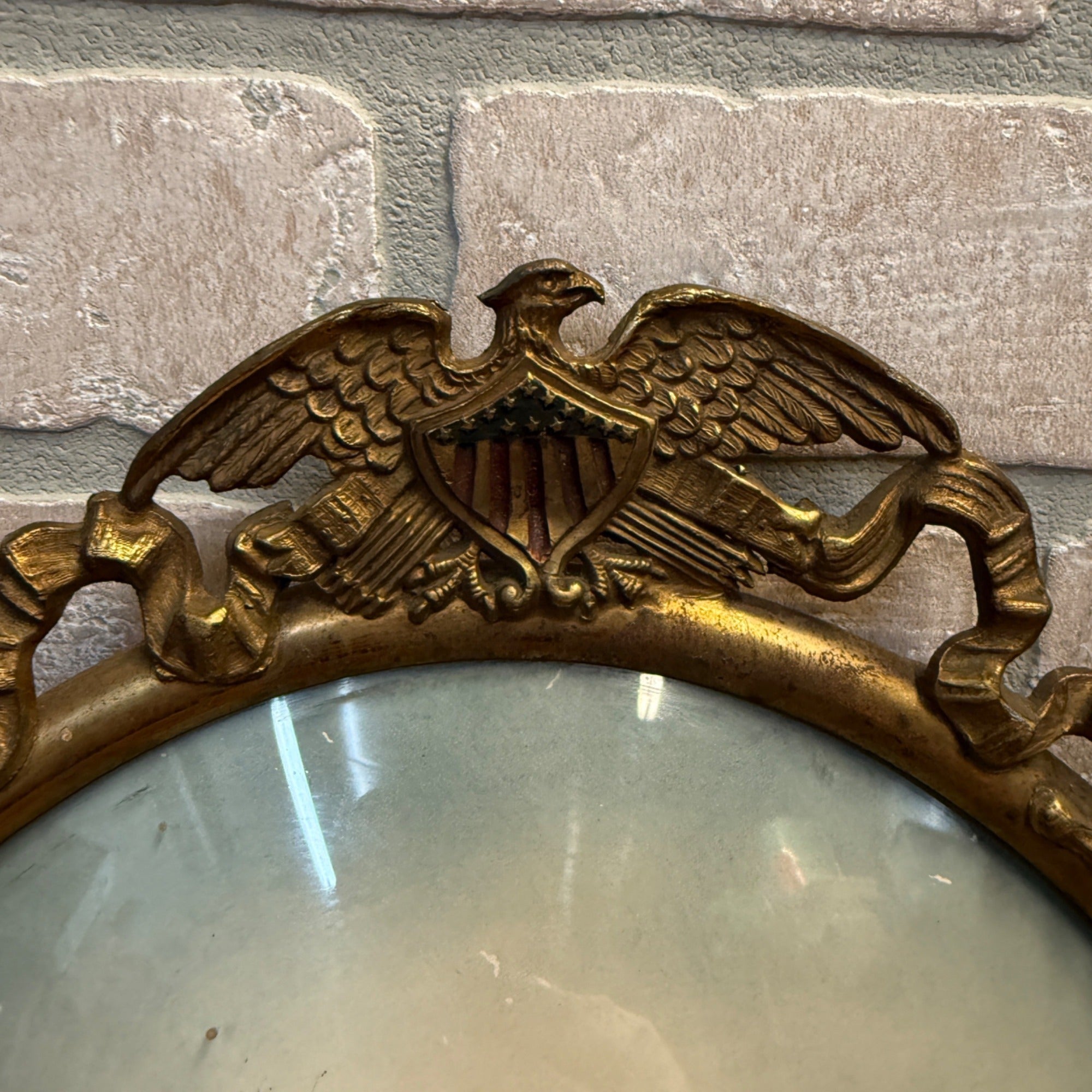 Antique WWI Doughboy Soldier Convex Bubble Glass Oval Portrait Patriotic Eagle Frame Hand Colored