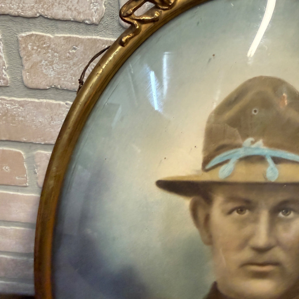 Antique WWI Doughboy Soldier Convex Bubble Glass Oval Portrait Patriotic Eagle Frame Hand Colored