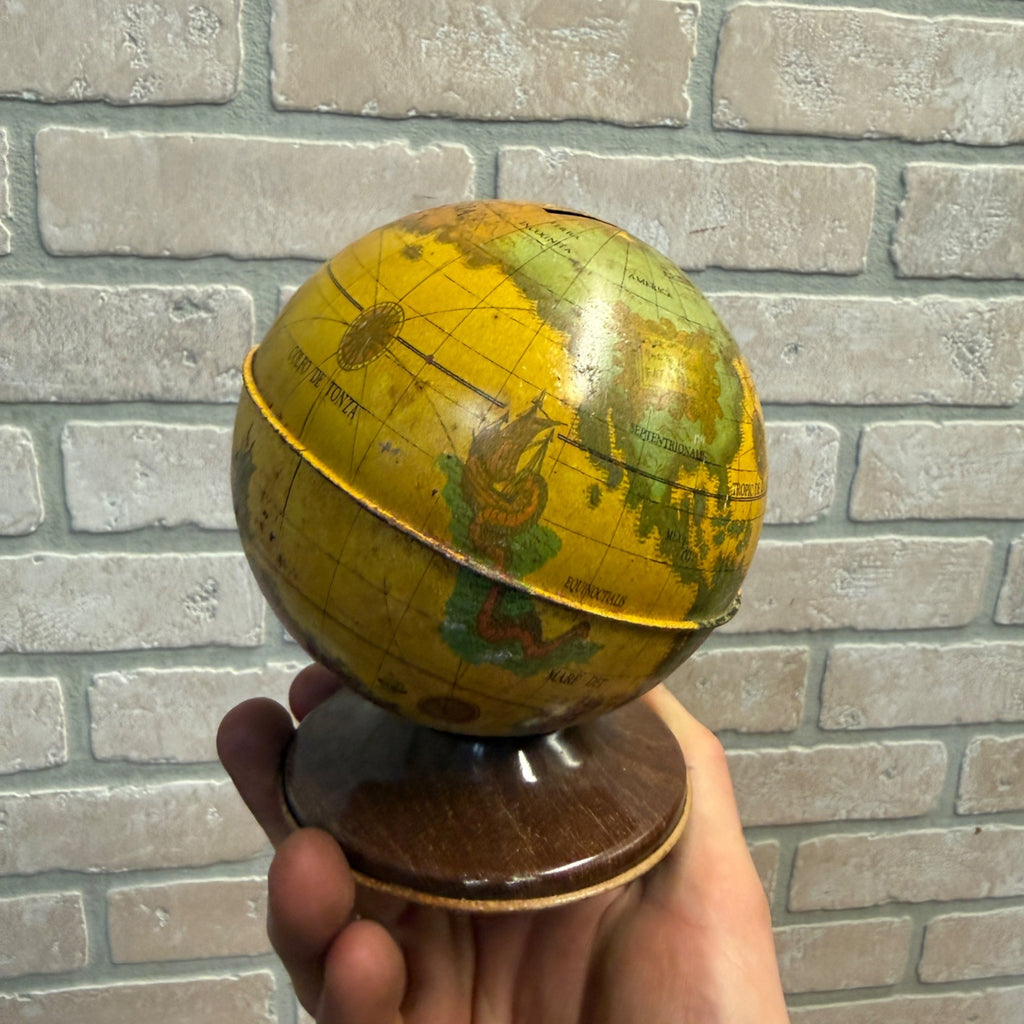 Vintage J Chein Tin World Globe Bank in Spanish Money Saver