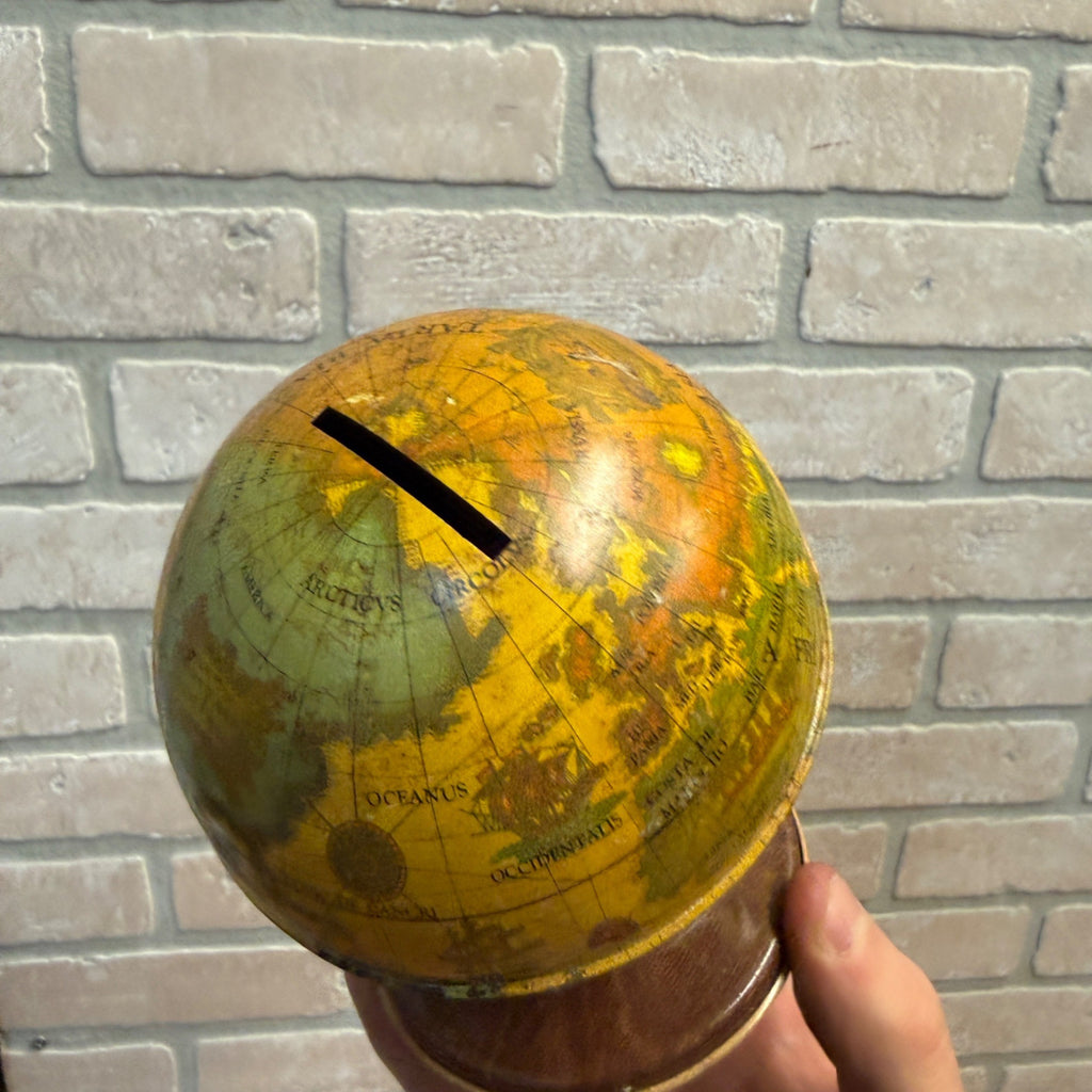 Vintage J Chein Tin World Globe Bank in Spanish Money Saver