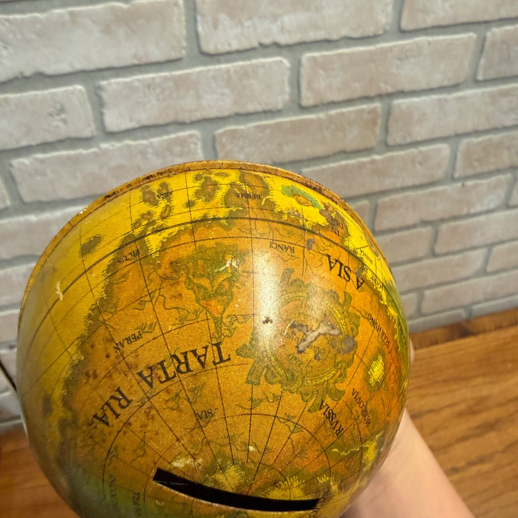 Vintage J Chein Tin World Globe Bank in Spanish Money Saver