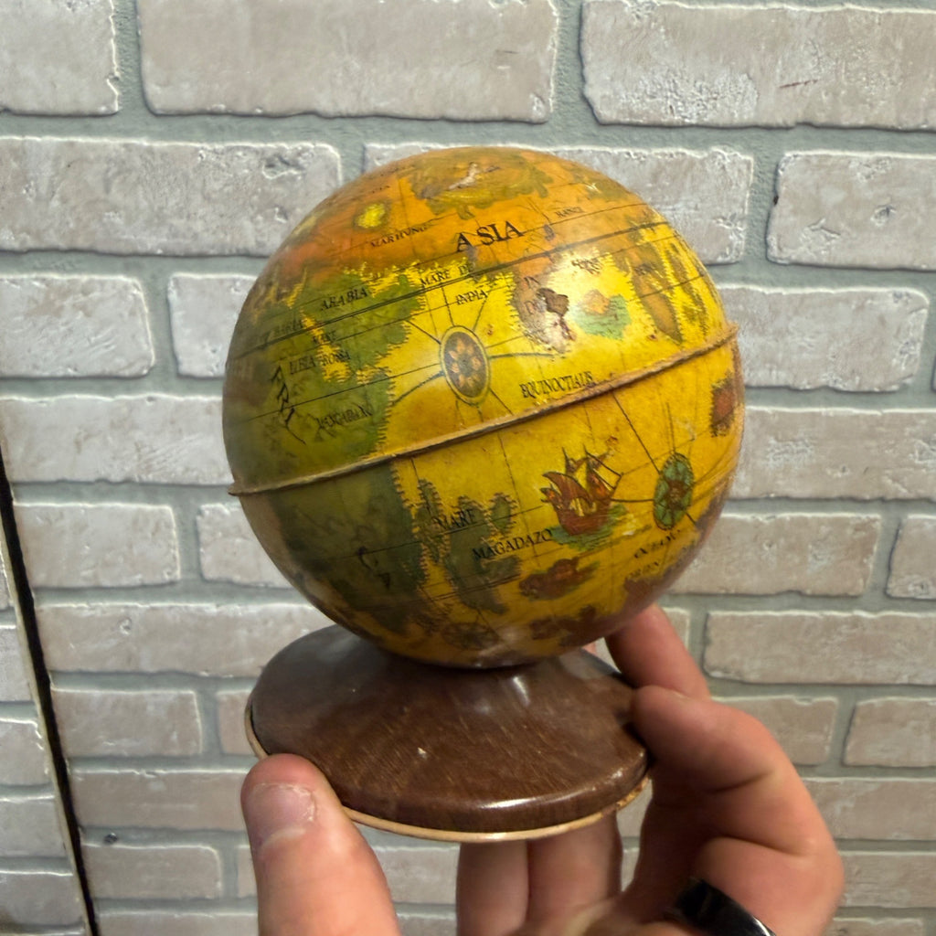 Vintage J Chein Tin World Globe Bank in Spanish Money Saver
