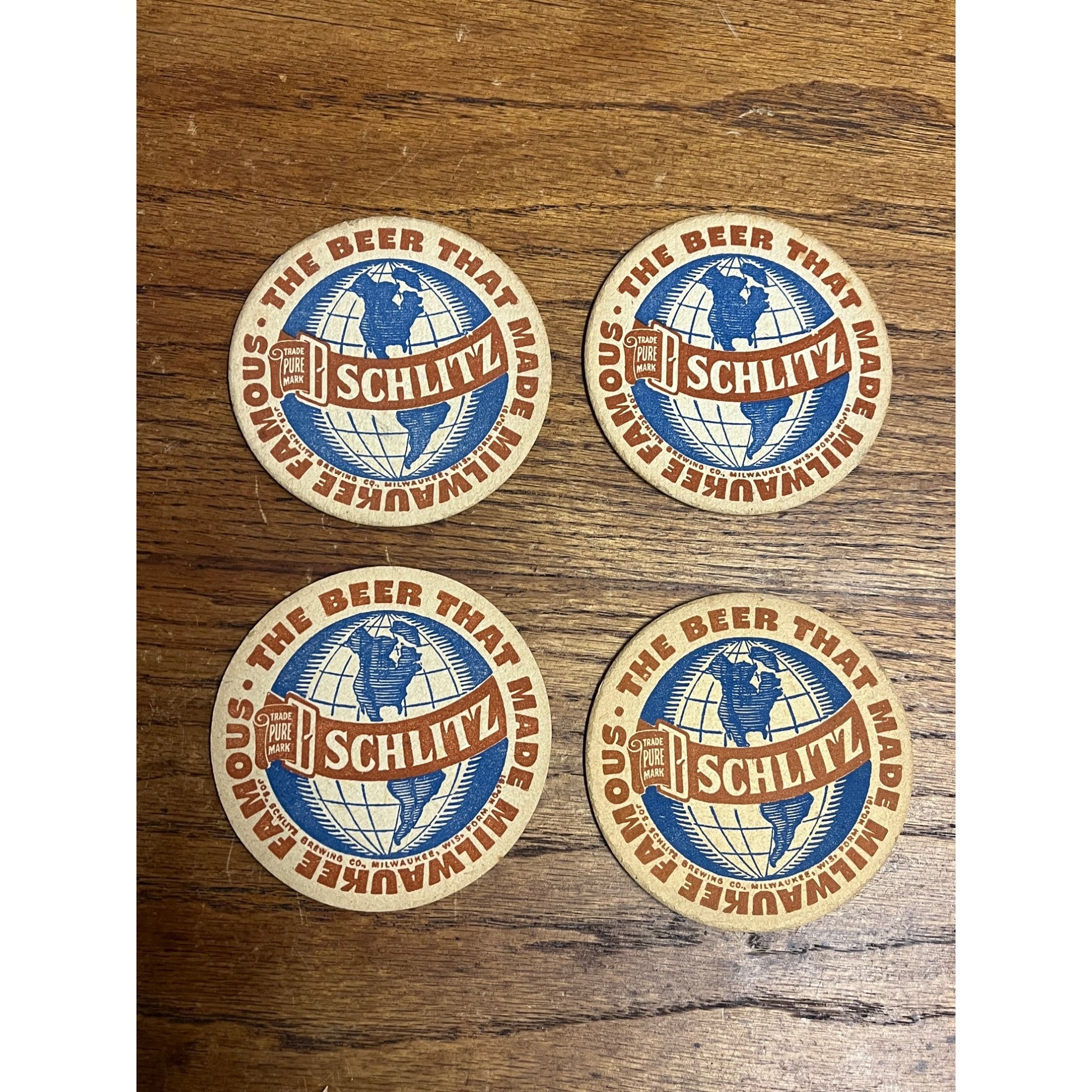 Vintage 1930s Schlitz Beer Coasters Milwaukee Wis Globe 3.5"