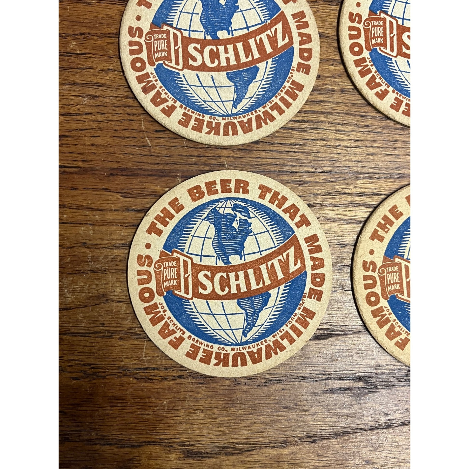 Vintage 1930s Schlitz Beer Coasters Milwaukee Wis Globe 3.5"