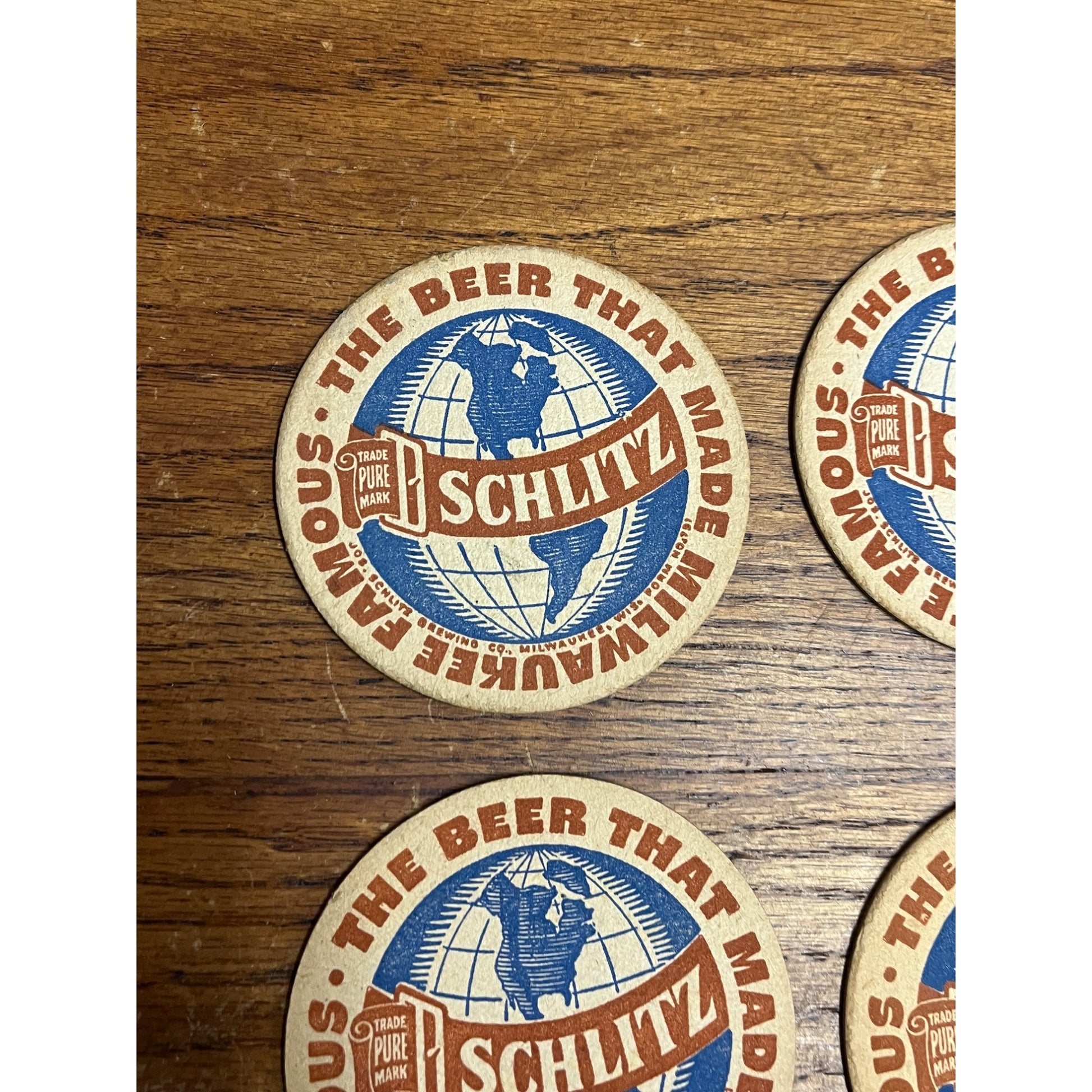 Vintage 1930s Schlitz Beer Coasters Milwaukee Wis Globe 3.5"