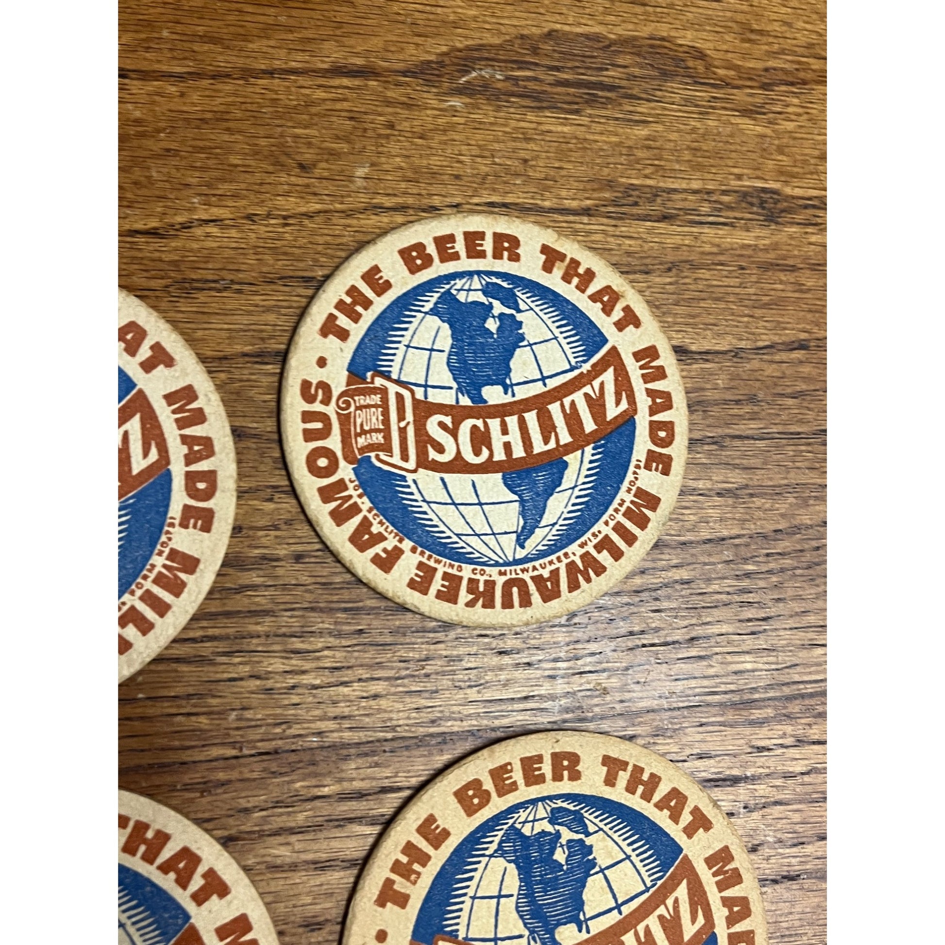 Vintage 1930s Schlitz Beer Coasters Milwaukee Wis Globe 3.5"