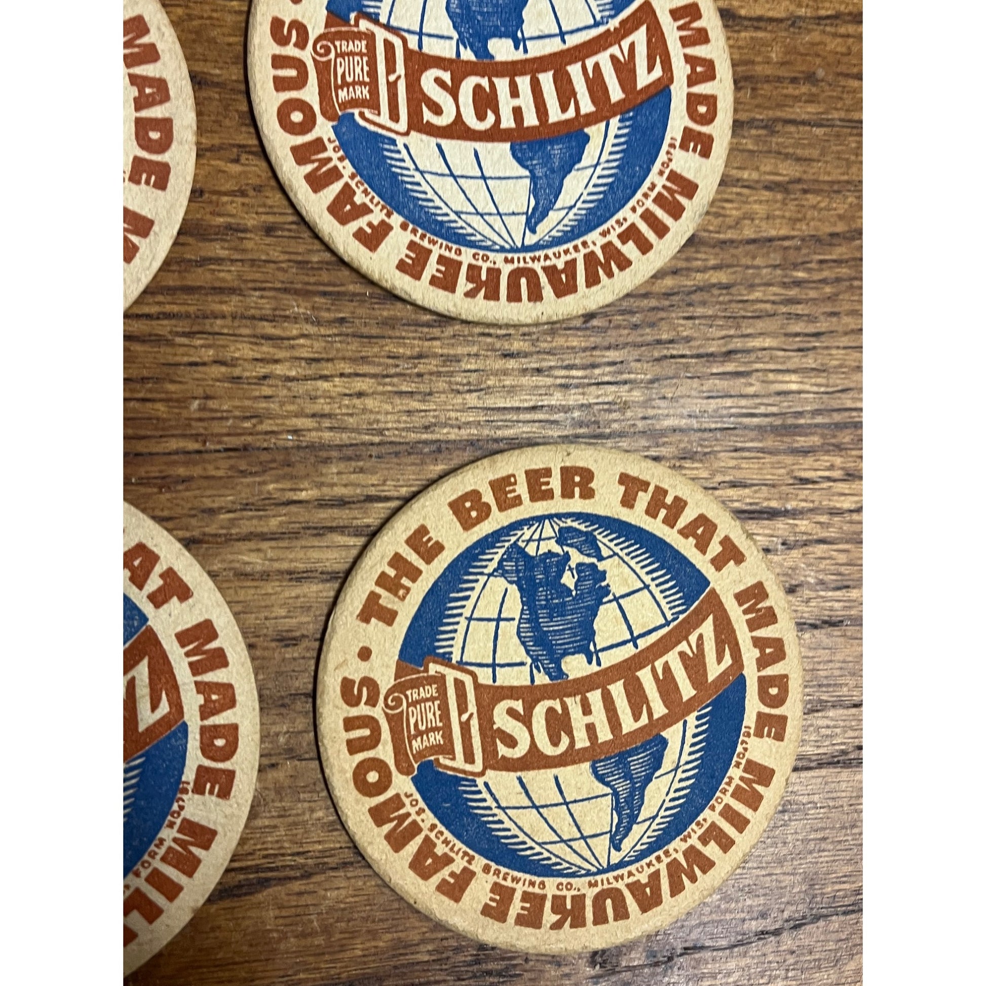 Vintage 1930s Schlitz Beer Coasters Milwaukee Wis Globe 3.5"