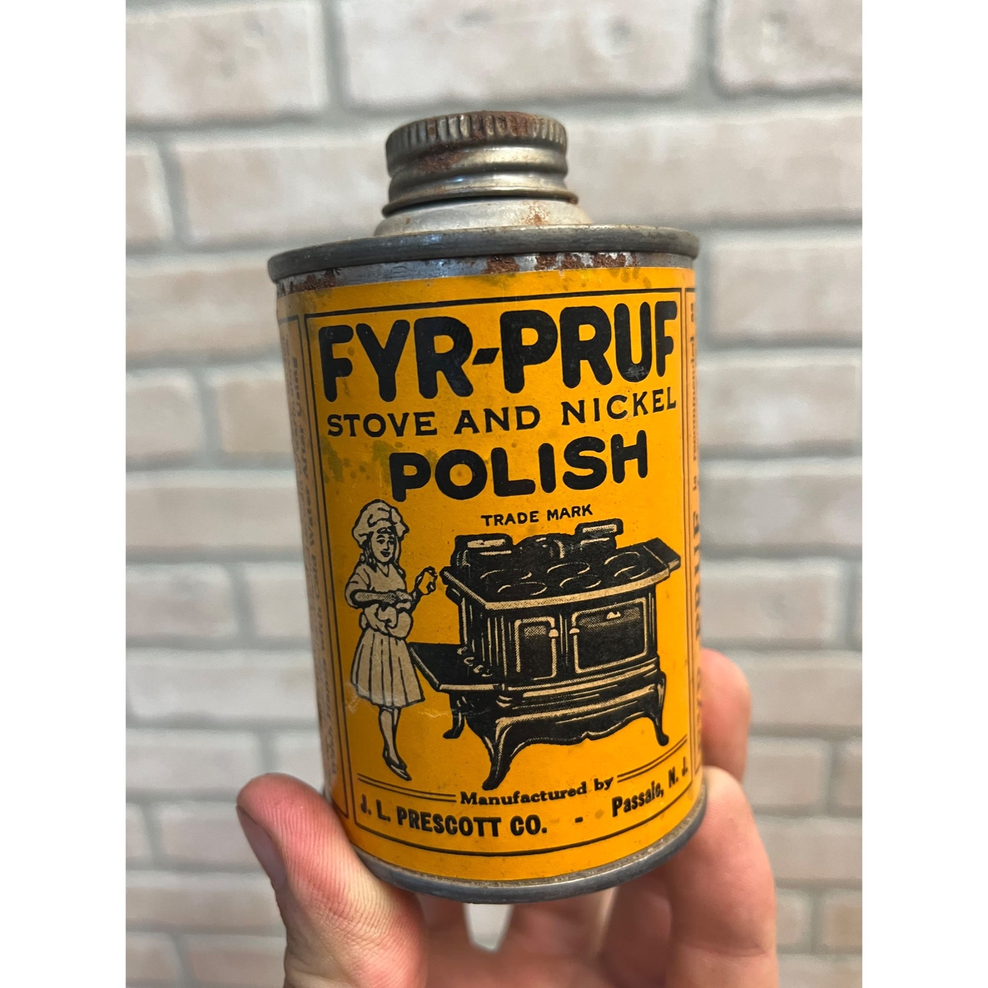 Antique Fyr-Pruf Stove & Nickel Polish Tin Cast Iron Kitchen Range Cleaner Can 1920s