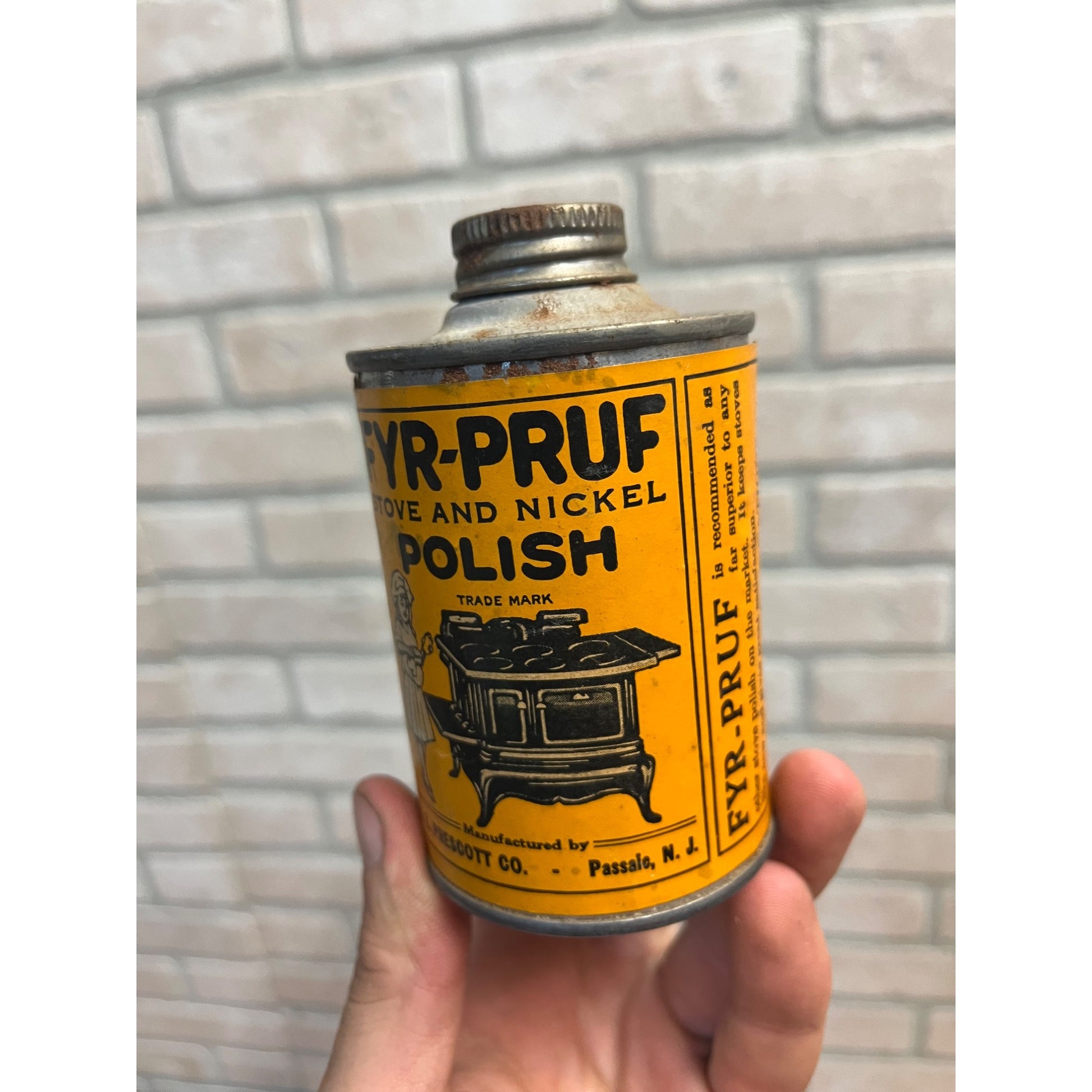 Antique Fyr-Pruf Stove & Nickel Polish Tin Cast Iron Kitchen Range Cleaner Can 1920s