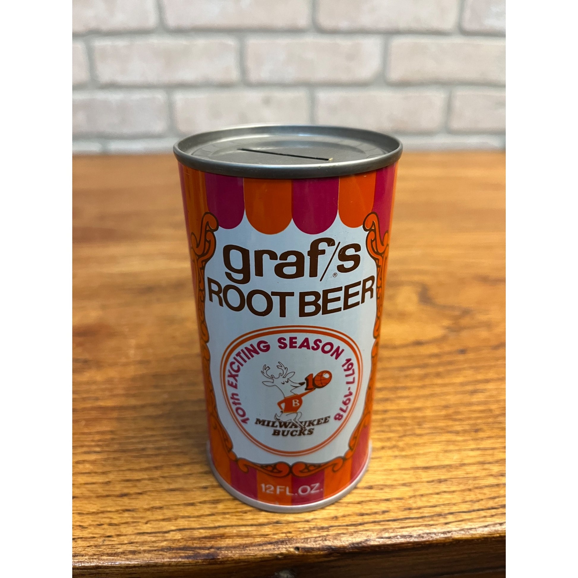 GRAF'S ROOT BEER - 1977-78 MILWAUKEE BUCKS SCHEDULE - Soda Can Coin Bank