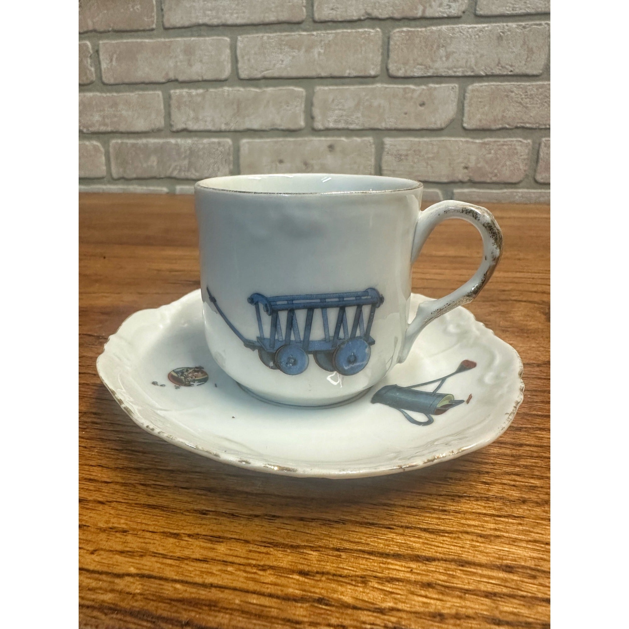 Antique Victorian 1900s Porcelain German Child's Tea Cup & Saucer Toys Drum Cart