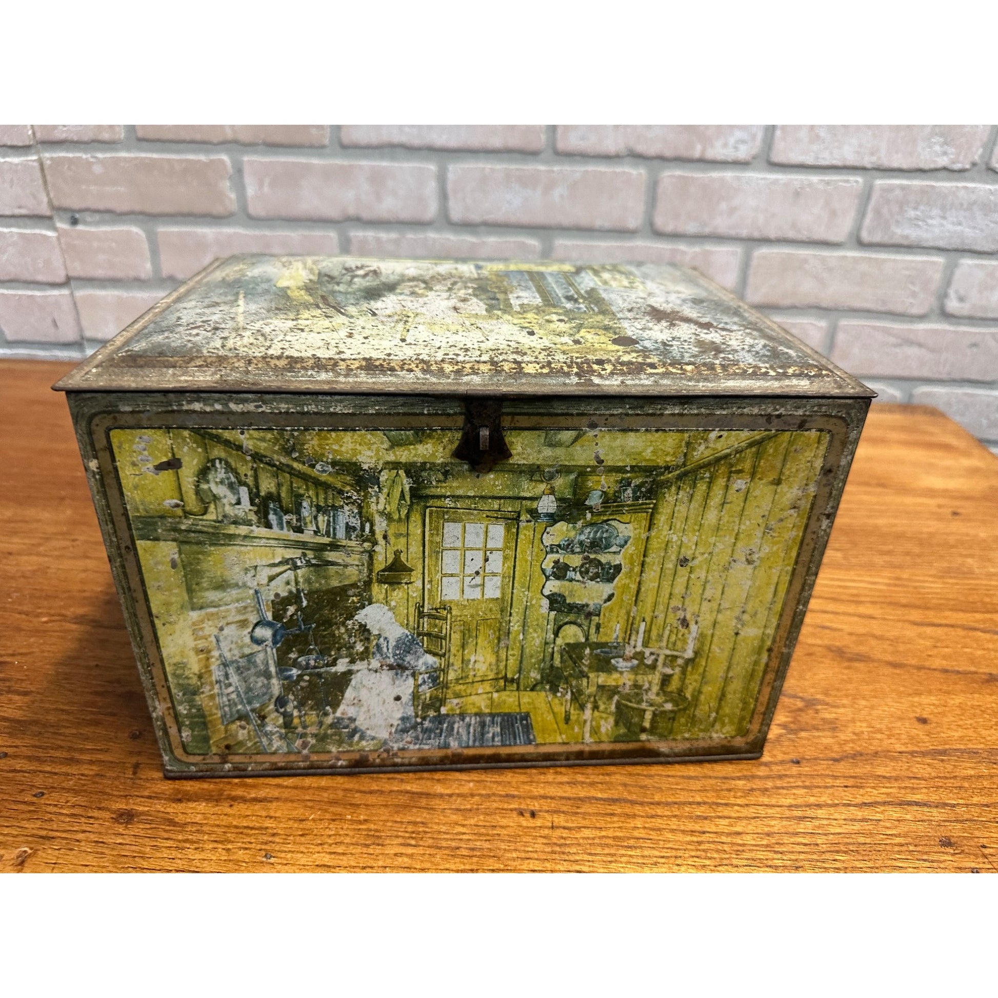 Vintage Canco Tin Biscuit Cookie Box Treasure Chest Early Settler Scenes
